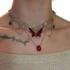 Layered Butterfly Choker Necklace with Crystal Drop Dark Romantic Gothic Style