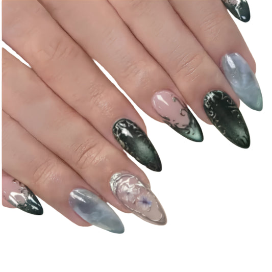 Celestial Marble Fantasy Press On Nails with Crystal Accent Art Design