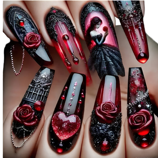 Gothic Rose Embellished Press On Nails with Dark Romantic Artwork