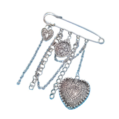 Gothic Heart Safety Pin Brooch with Layered Chains and Tassel Details