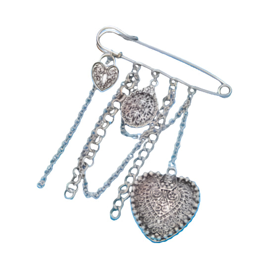 Gothic Heart Safety Pin Brooch with Layered Chains and Tassel Details