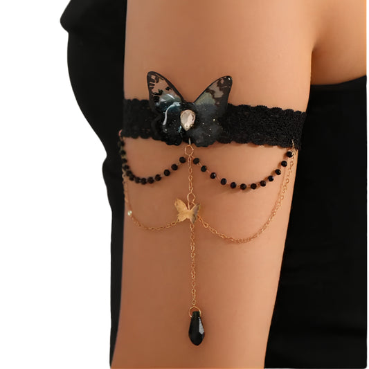 Gothic Butterfly Upper Arm Cuff with Crystal Drop Chain Accents