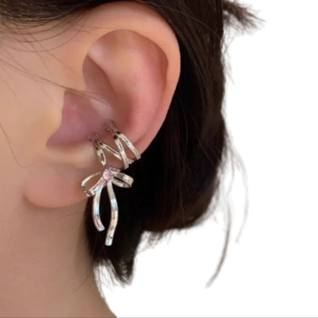 Dark Feminine Ribbon Bow Ear Cuff for Gothic and Coquette Styling
