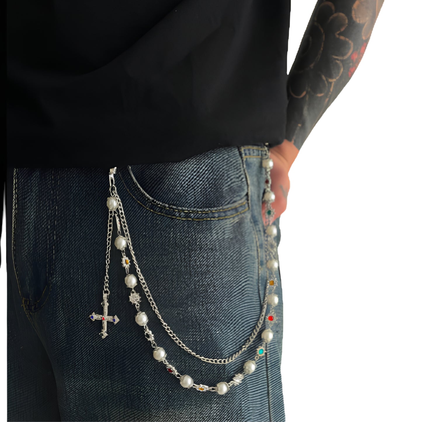 Punk Pearl Trouser Chain with Cross Charm for Alternative Streetwear Styling