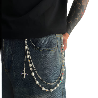 Punk Pearl Trouser Chain with Cross Charm for Alternative Streetwear Styling