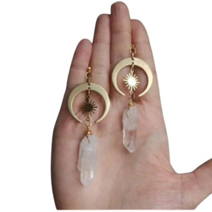 Witchcore Sun and Crescent Moon Crystal Drop Statement Earrings