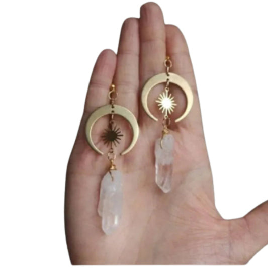 Witchcore Sun and Crescent Moon Crystal Drop Statement Earrings