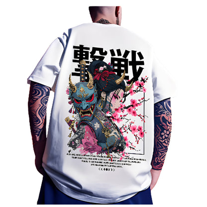 Oni Mask Anime Oversized Back Print Washed Streetwear Cotton T-Shirt