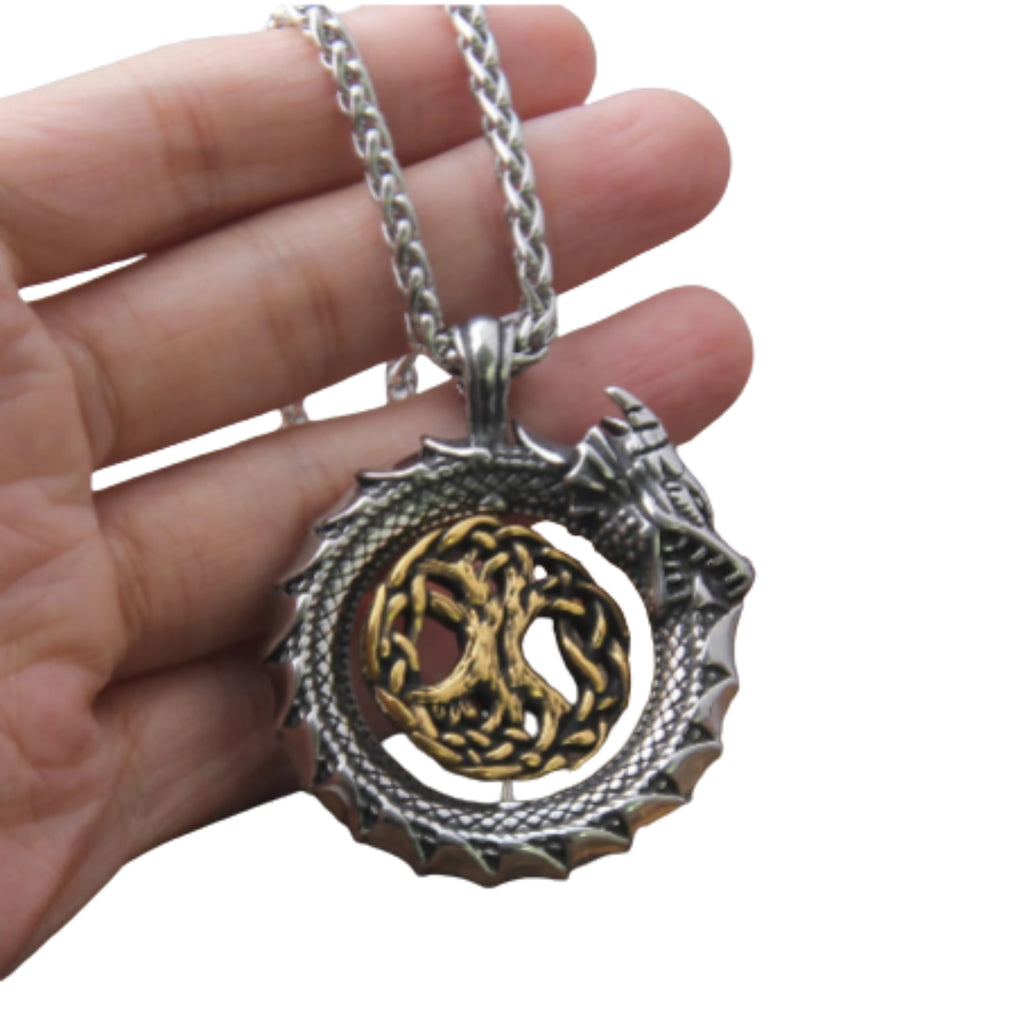 Ouroboros Tree Symbol Pendant Necklace with Mystical Alternative Statement Design