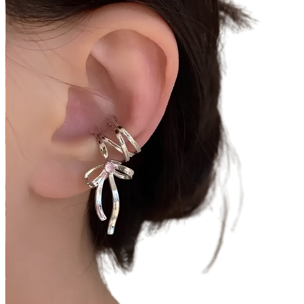 Ribbon Cross Ear Cuff with Layered Hoops for Alternative Fashion
