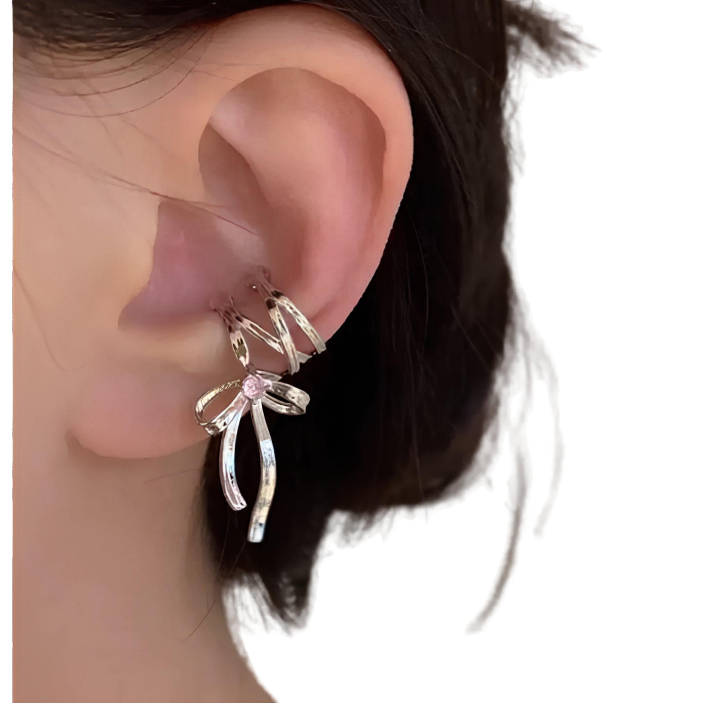Ribbon Cross Ear Cuff with Layered Hoops for Alternative Fashion