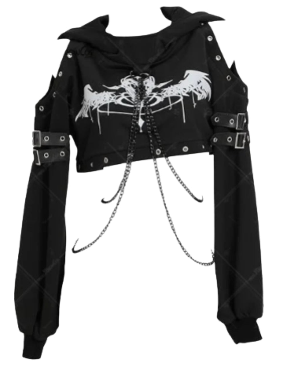 Women's Gothic Cropped Hooded Sweatshirt with Chain Details and Long Sleeve Streetwear Design
