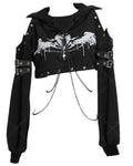 Women's Gothic Cropped Hooded Sweatshirt with Chain Details and Long Sleeve Streetwear Design