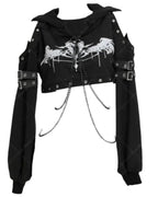 Women's Gothic Cropped Hooded Sweatshirt with Chain Details and Long Sleeve Streetwear Design