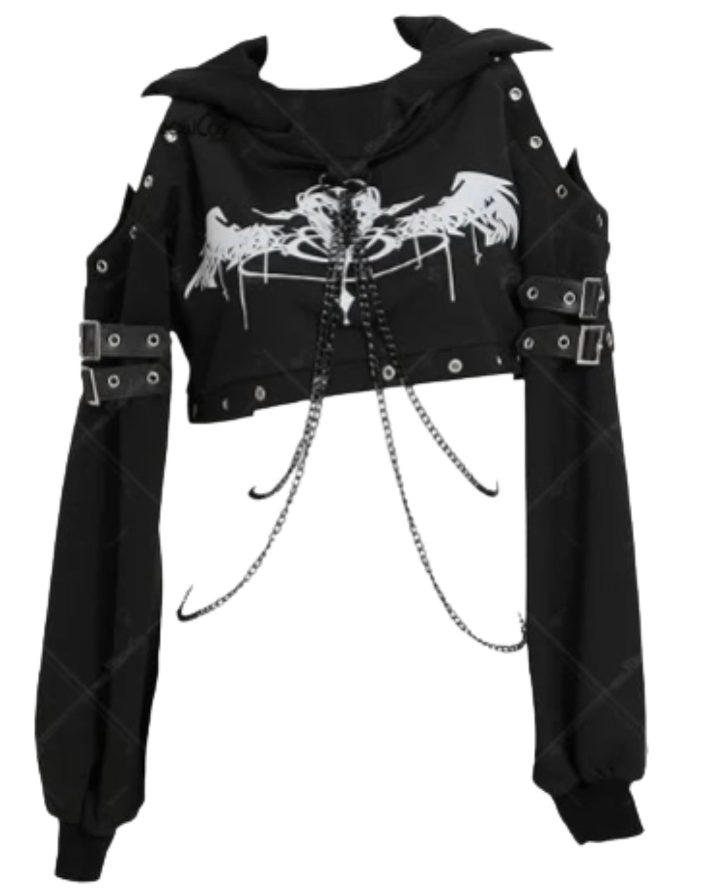 Women's Gothic Cropped Hooded Sweatshirt with Chain Details and Long Sleeve Streetwear Design