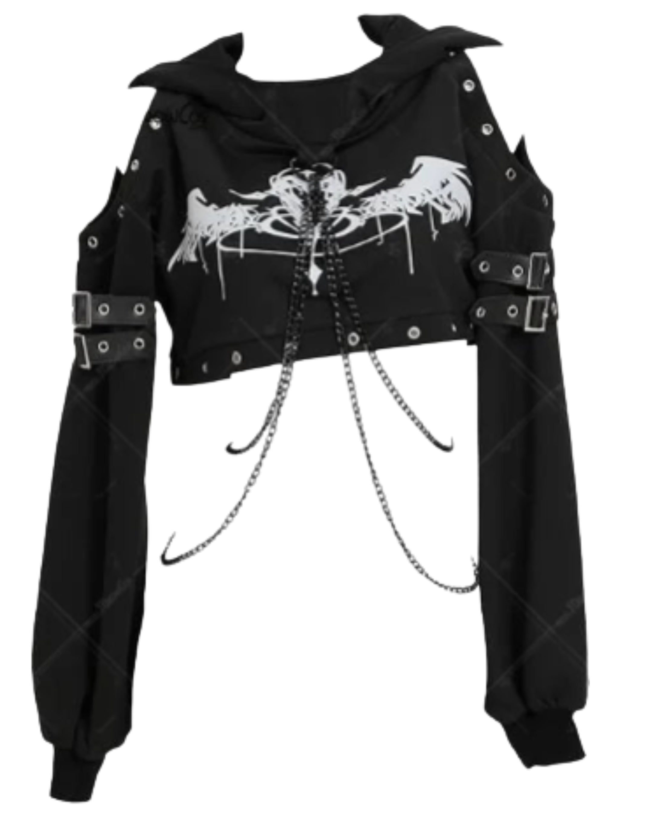 Women's Gothic Cropped Hooded Sweatshirt with Chain Details and Long Sleeve Streetwear Design