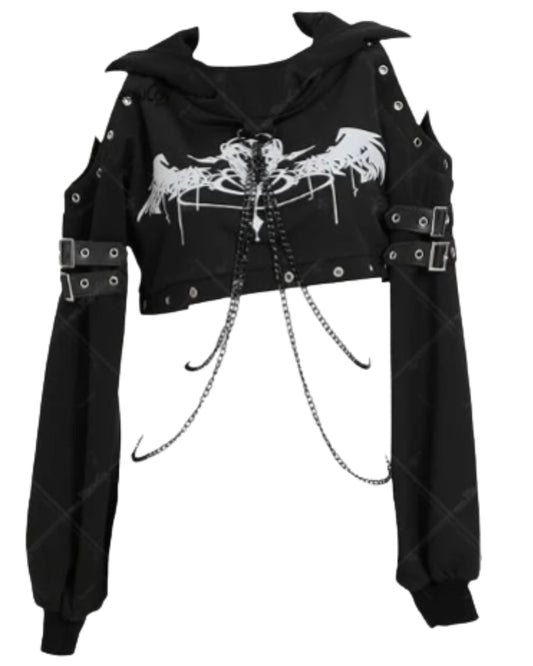 Women's Gothic Cropped Hooded Sweatshirt with Chain Details and Long Sleeve Streetwear Design