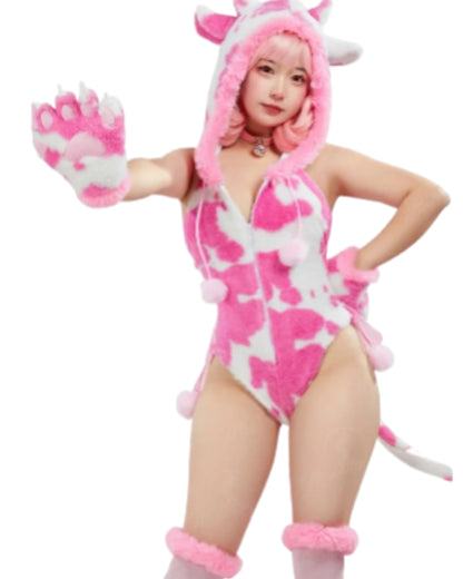 Women's Hooded Plush Romper with Animal Print Pattern, Paw Gloves and Matching Accessories