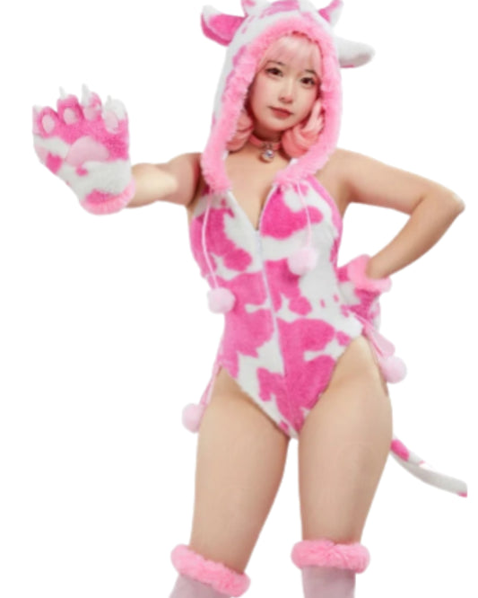 Women's Hooded Plush Romper with Animal Print Pattern, Paw Gloves and Matching Accessories