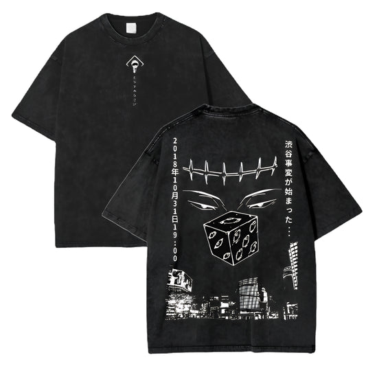 Dark Anime Dice Graphic T-Shirt with Gothic Manga Streetwear Design