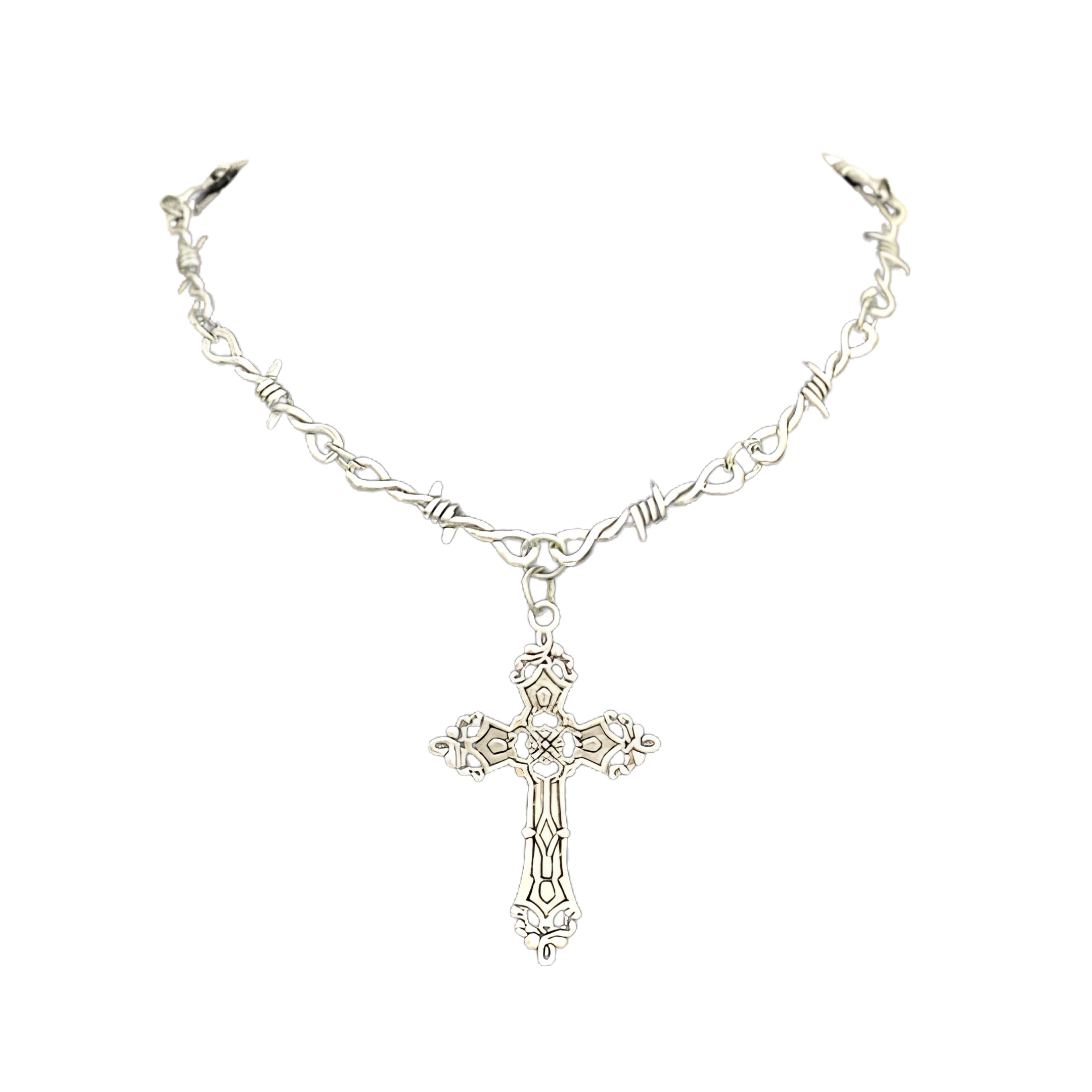 Barbed Wire Cross Chain Choker Necklace With Gothic Punk Streetwear Statement Styling