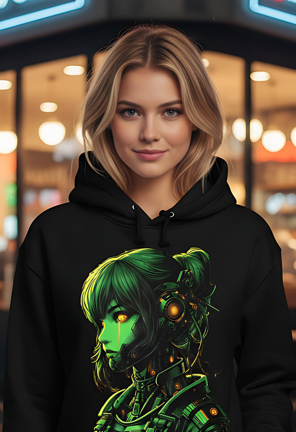 Neon Rae Cyborg Warrior Hoodie: Sci-Fi Cyberpunk Apparel