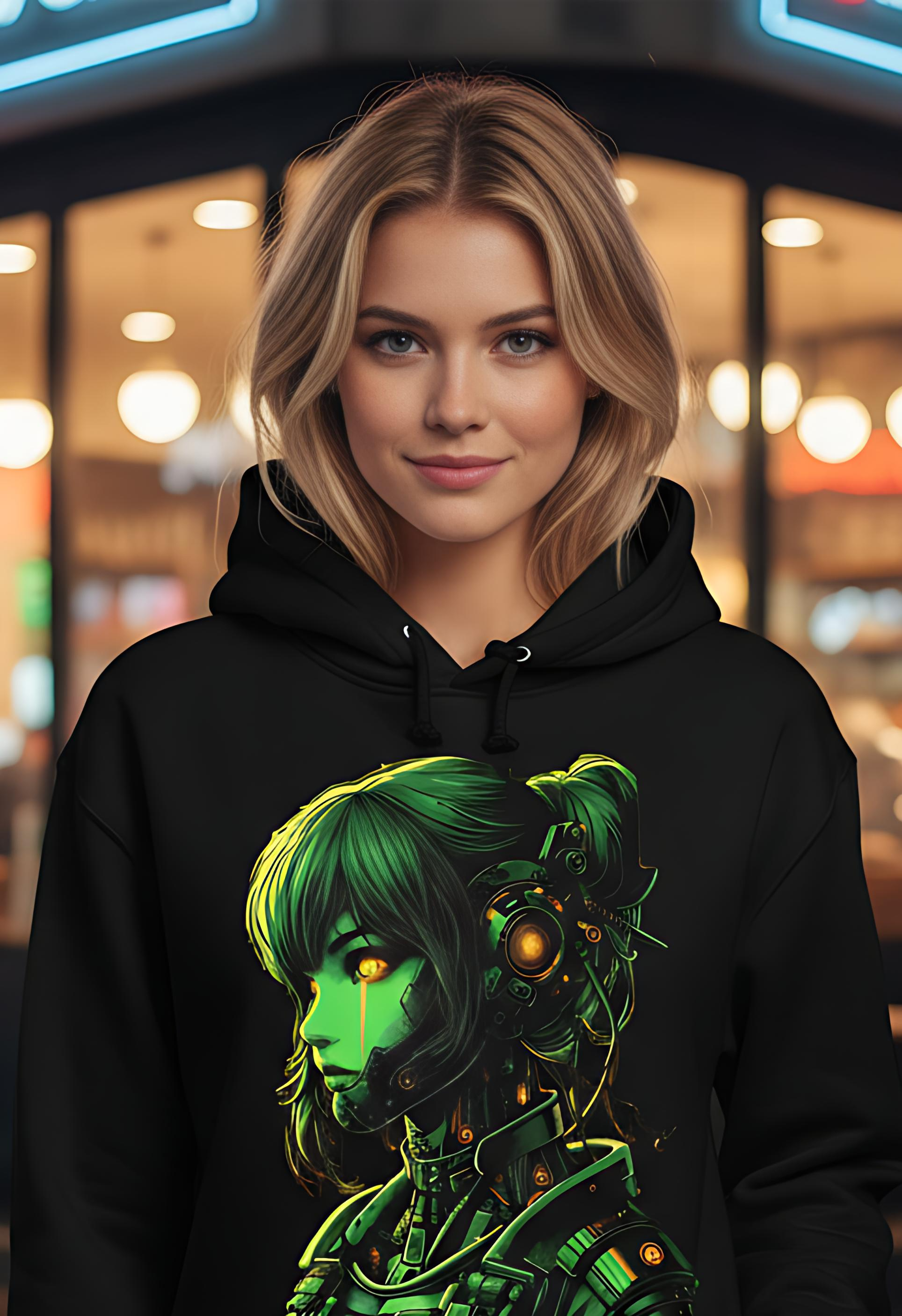 Neon Rae Cyborg Warrior Hoodie: Sci-Fi Cyberpunk Apparel