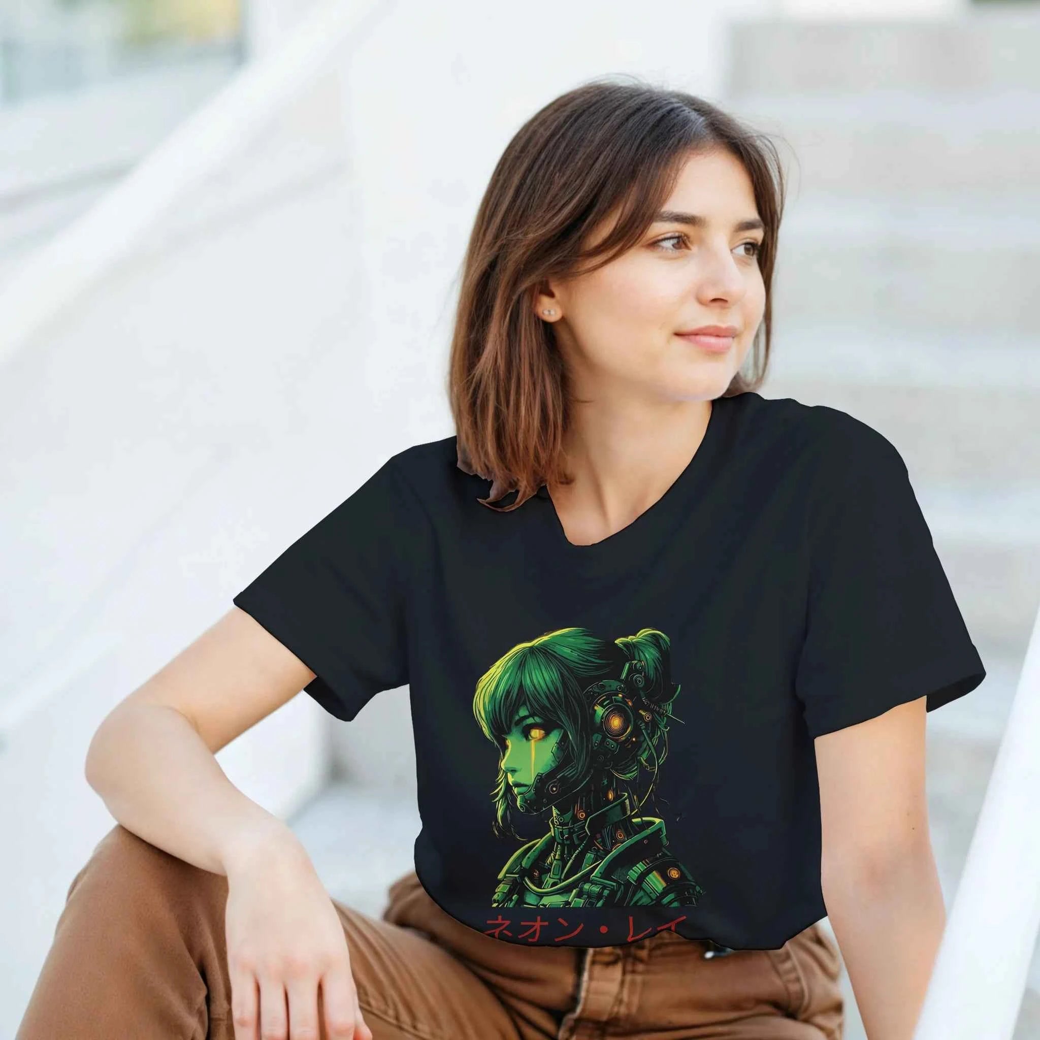 Neon Rae Cyborg Warrior T-Shirt: Sci-Fi Cyberpunk Apparel