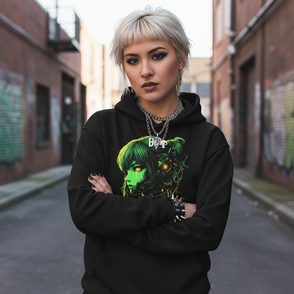 Neon Rae Cyborg Warrior Hoodie: Sci-Fi Cyberpunk Apparel - BigCat Streetwear