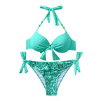 Vibrant Turquoise Underwire Bikini with Mixed Animal Print Bottoms