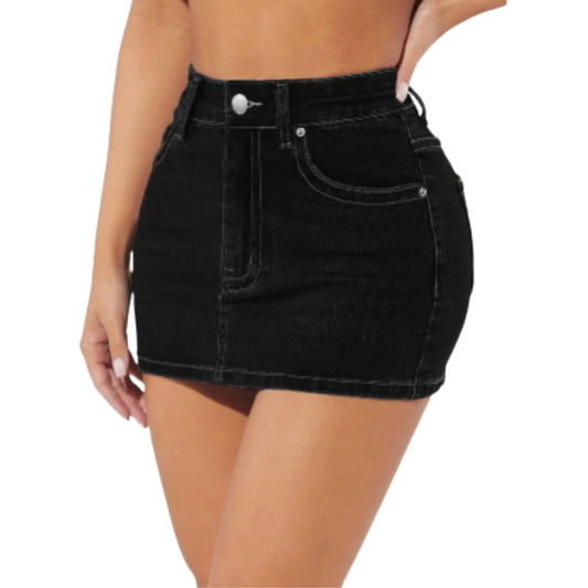 High Waist Stretch Denim Mini Skirt with Pocket Detail Slim Fit