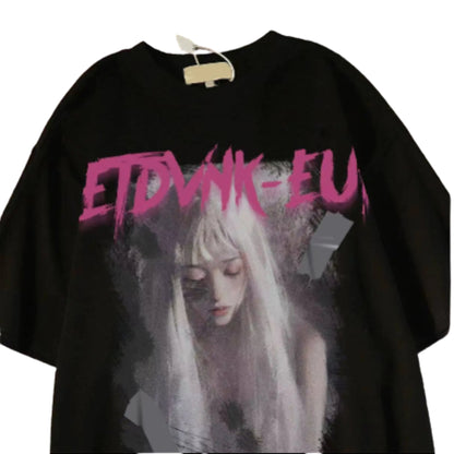 Oversized Portrait Graphic Streetwear T-Shirt with Gothic-Inspired Typography Design