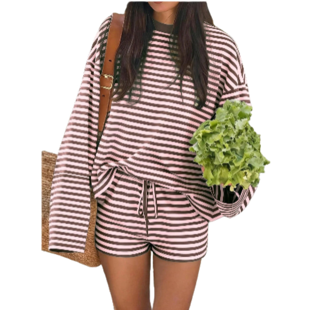 Striped Long Sleeve Top and Drawstring Shorts Casual Co-Ord Set