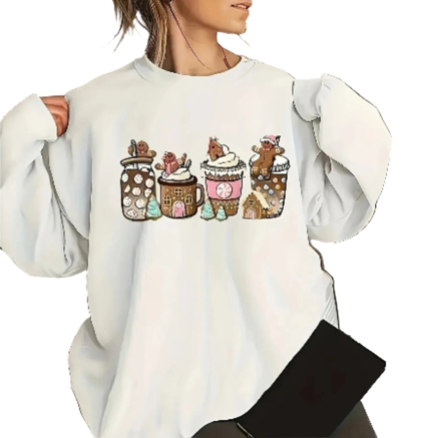 Women's Cozy Beverage Graphic Crew Neck Sweatshirt for Casual Contemporary Streetwear Style