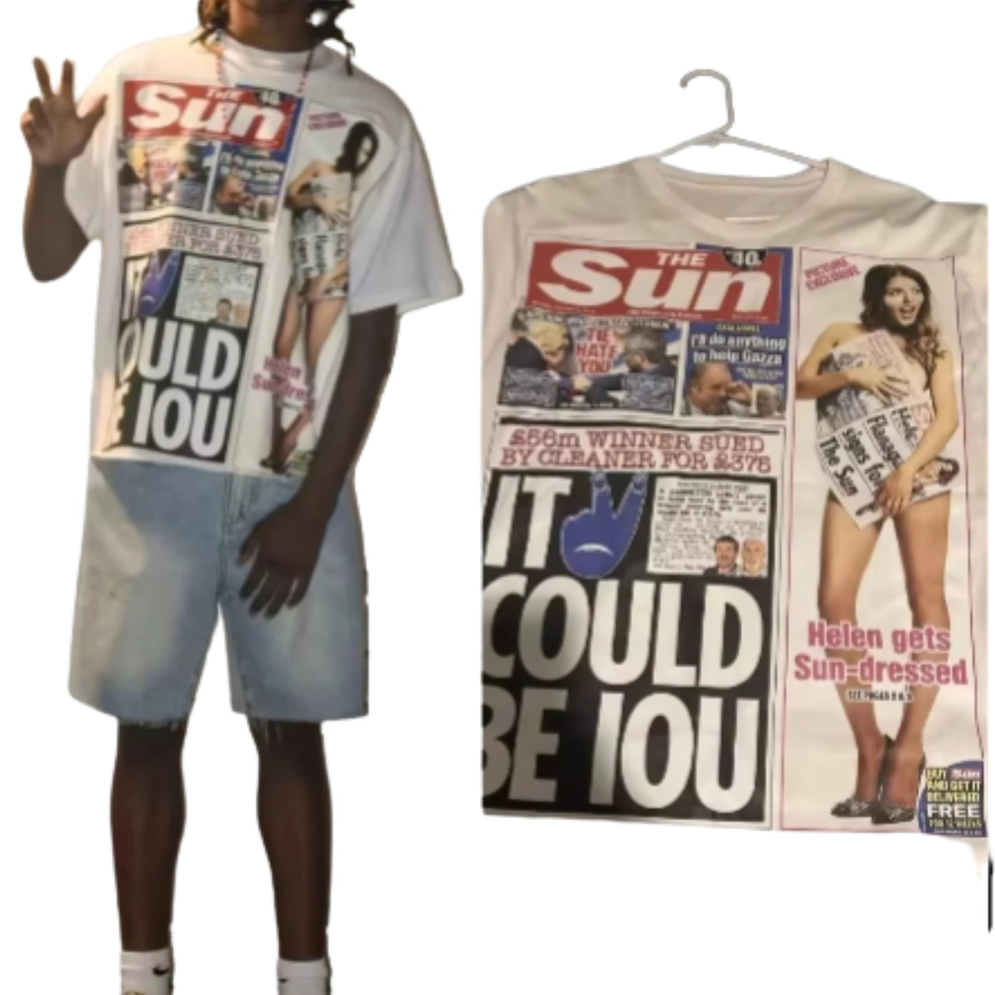 Oversized Newspaper Collage Graphic Cotton T-Shirt with Y2K Streetwear Styling
