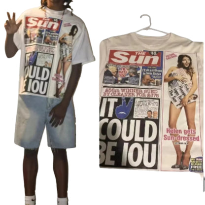 Oversized Newspaper Collage Graphic Cotton T-Shirt with Y2K Streetwear Styling