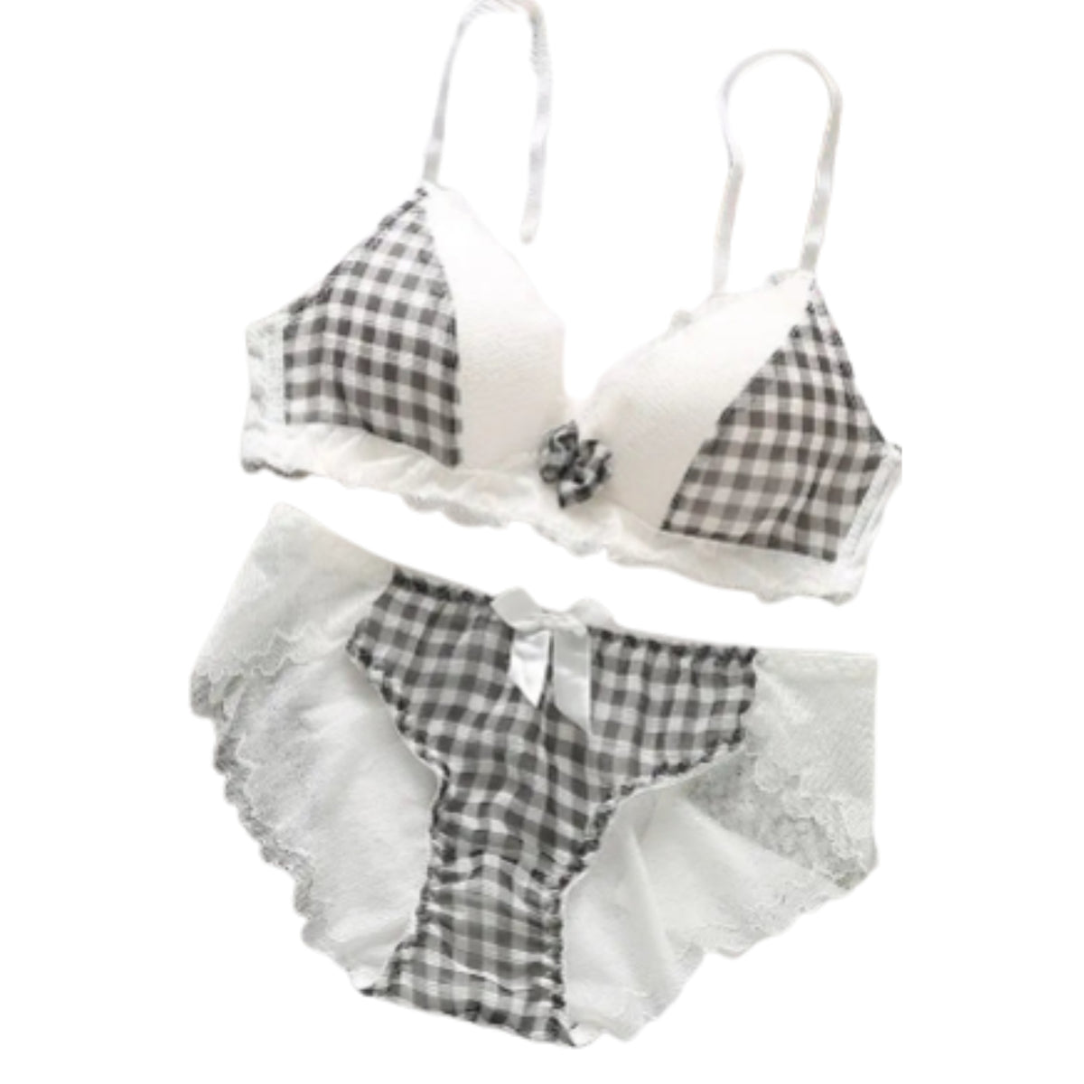 Playful Gingham Check and White Wire-Free Bra Set with Ruffled Lace Trim