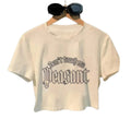 Vintage Typography Baby Tee with Fitted Crop Silhouette and Gothic Influence