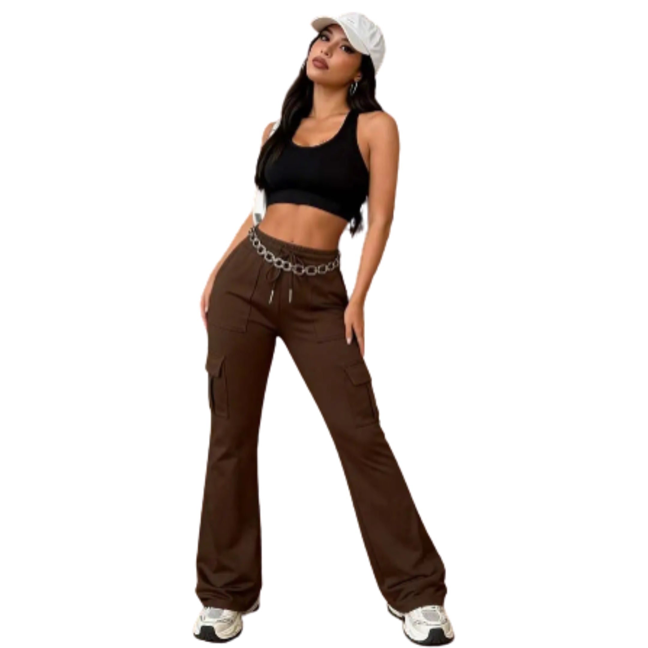 High Waist Cargo Flare Pants with Drawstring Waist Relaxed Streetwear Wide Leg Fit