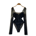 Sheer Mesh Long Sleeve V Neck Bodysuit for Gothic Alternative Styling