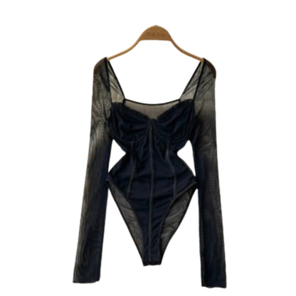 Sheer Mesh Long Sleeve V Neck Bodysuit for Gothic Alternative Styling