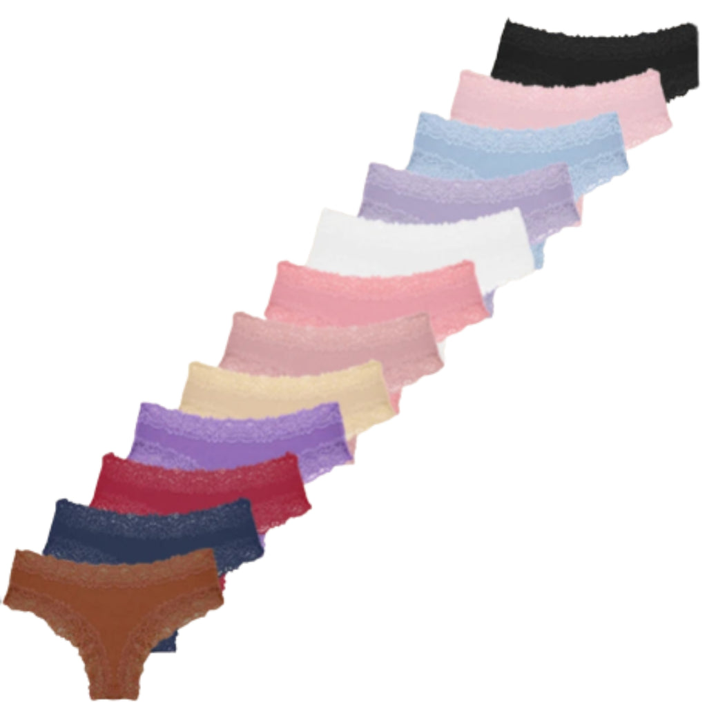 12-Piece Women’s Low-Rise Cotton Thong Panties Set with Ribbed Knit Texture, Lace-Trim Styling and Assorted Solid Colors