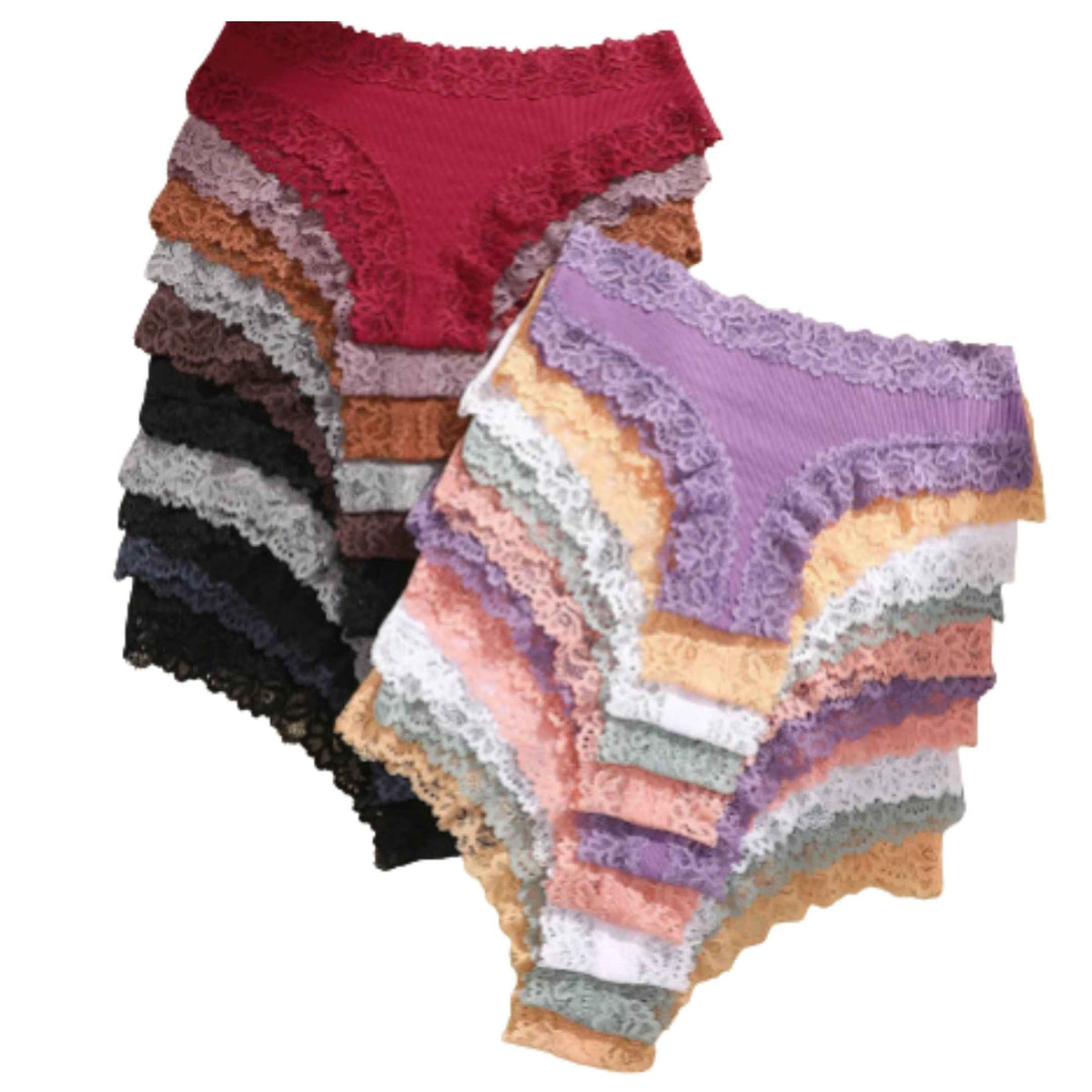 20-Piece Women’s Lace Trim Bikini Panties Set with Ribbed-Look Finish, Mid-Rise Silhouette and Assorted Colors