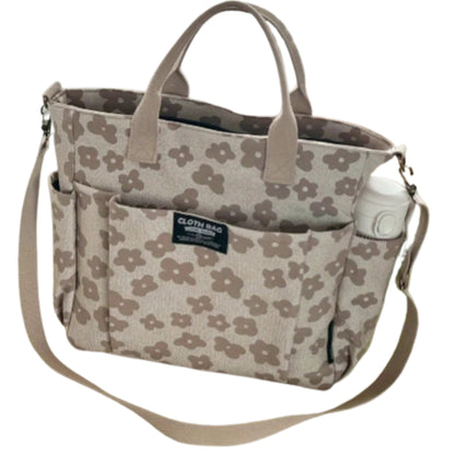 Textured Floral Pattern Utility Tote Bag with Multi Pocket Storage