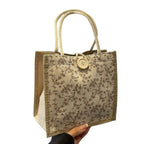 Floral Print Linen Tote Shoulder Bag with Button Closure Design