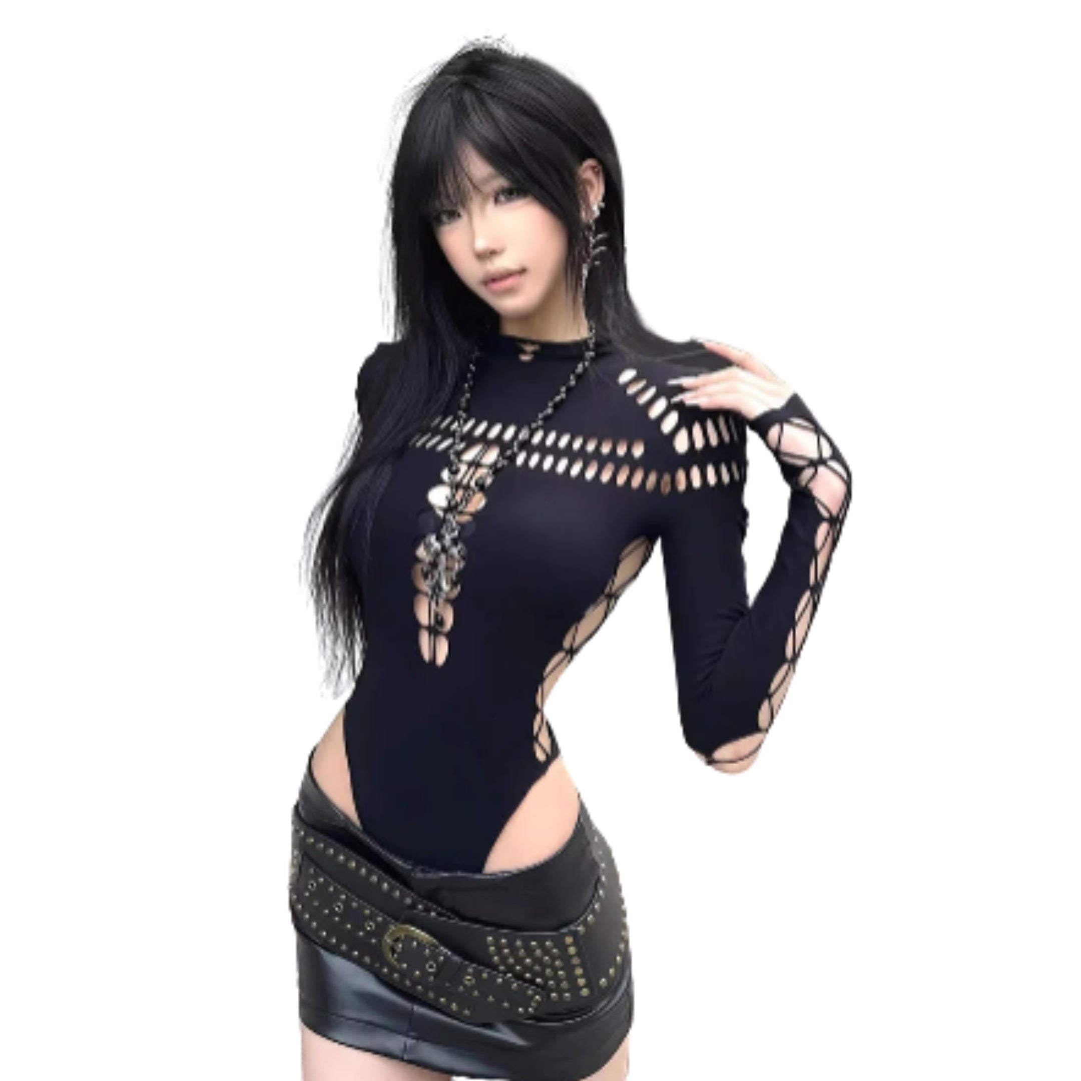 High Neck Cutout Long Sleeve Bodysuit for Gothic Punk Alternative Fashion
