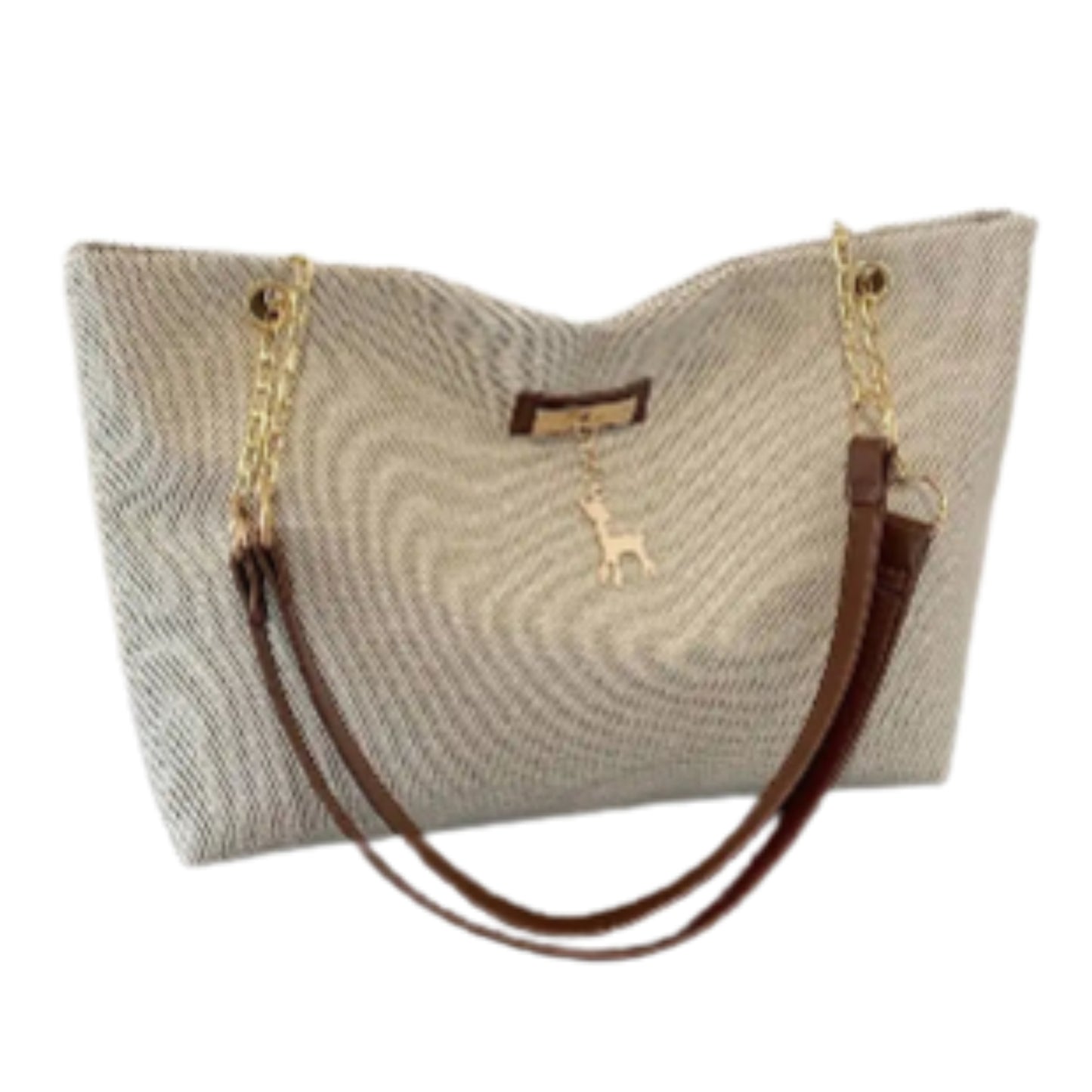 Dual Handle Canvas Tote Shoulder Bag with Chain Accent Detail