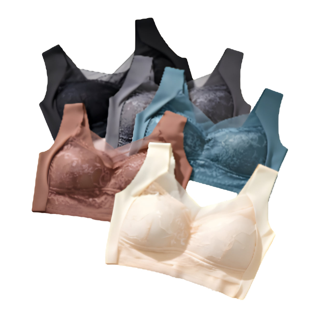 5-Pack Elegant Floral Lace Wire-Free Bras with Wide Straps and Plunging V-Neckline