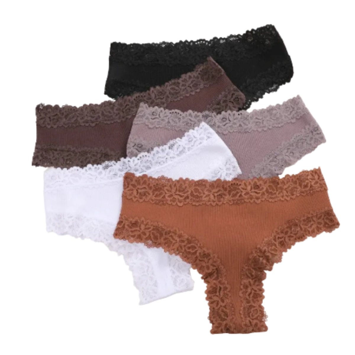 Five-Piece Ribbed Cotton-Blend Brazilian Panty Set with Floral Lace Trim
