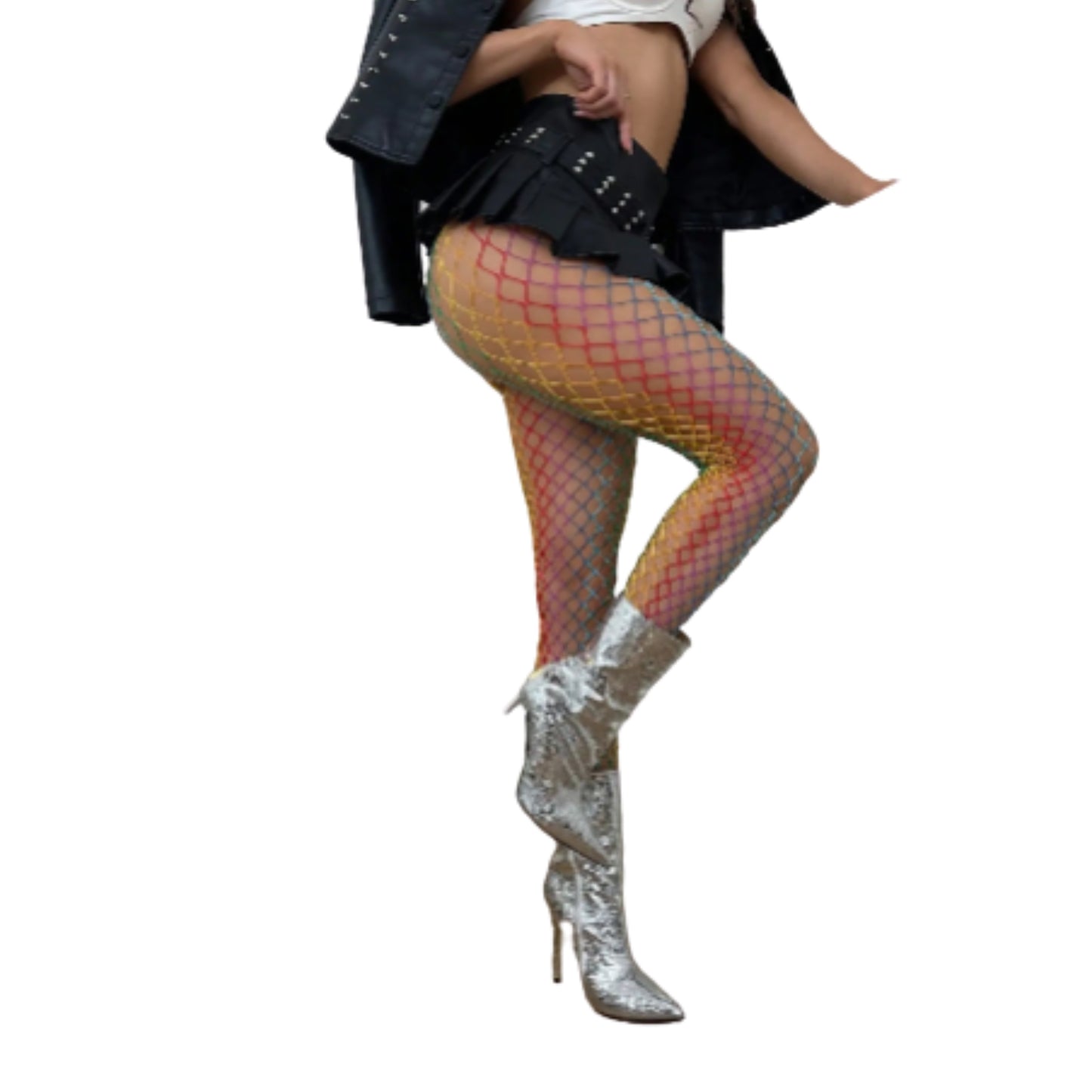 Rainbow Fishnet Suspender Style Sheer Mesh Stockings with Stretch Knit Fashion Design